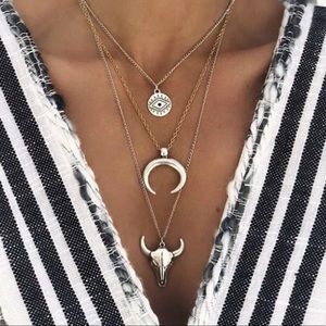 Layered Necklace Evil Eye Bull Head Pendant Silver